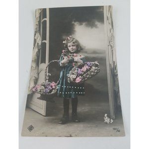 Sweet Little Dutch Flower Girl Vintage RPPC  1910s 2 Baskets Glossy Still Usable